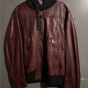Coach Maroon Leather Bomber Jacket with Black Details